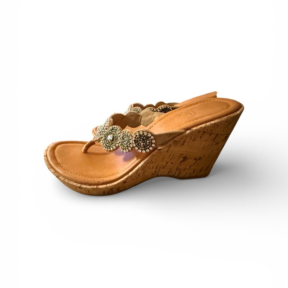 NWOT- Skemo Rhinestone/Beaded Flip Flop Sandals Cork Wedges - Picture 3 of 4